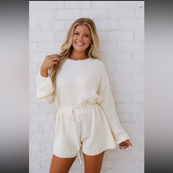 Sweater Knit Romper Drawstring Cream Boutique - Picture 2 of 9